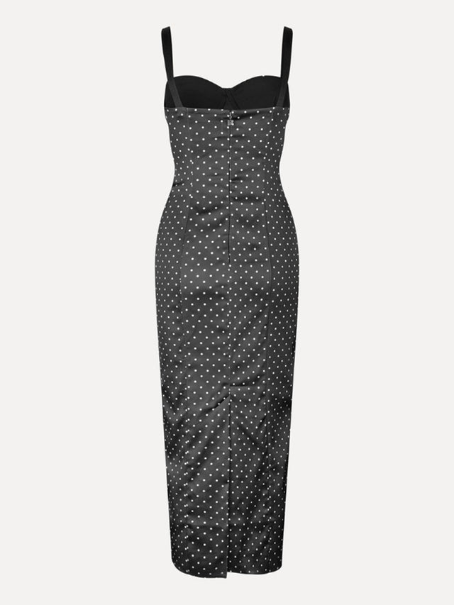 Abito bustier midi in raso a pois