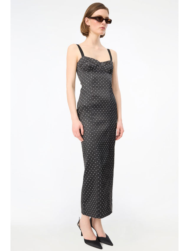 Abito bustier midi in raso a pois